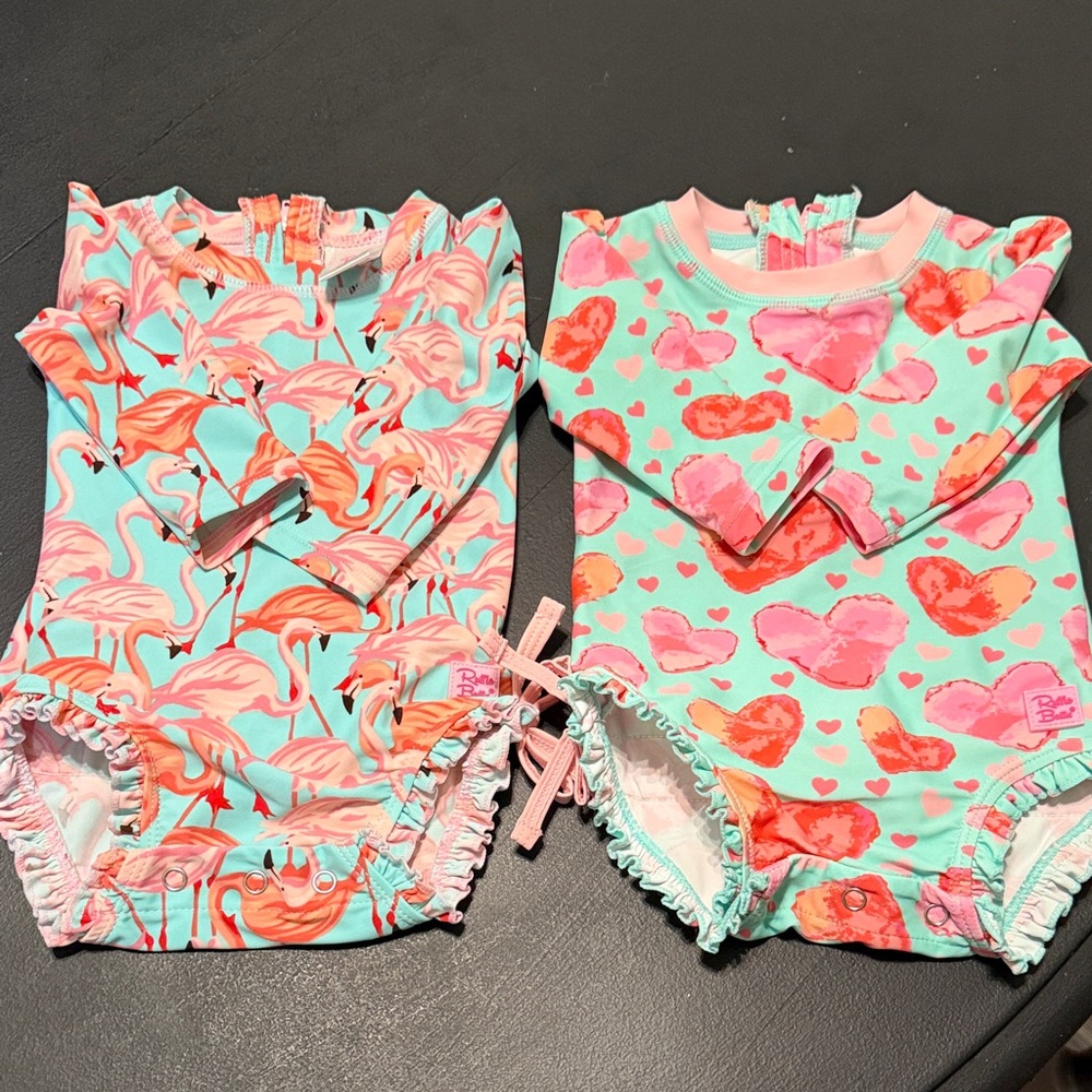 Ruffle Butts Mint & Pink Flamingo Baby Swimsuit Set